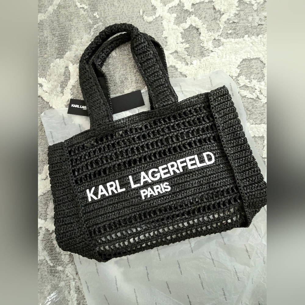 BNWT Karl Lagerfeld Paris Black Crochet Raffia Beach Straw Tote